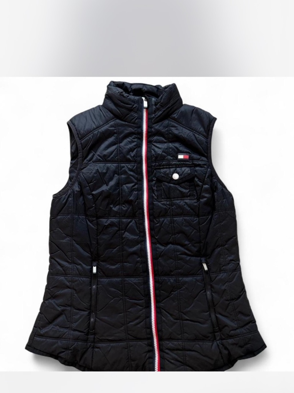 Tommy Hilfiger Black Quilted Zip-Front Sleeveless Vest with Signature Stripe